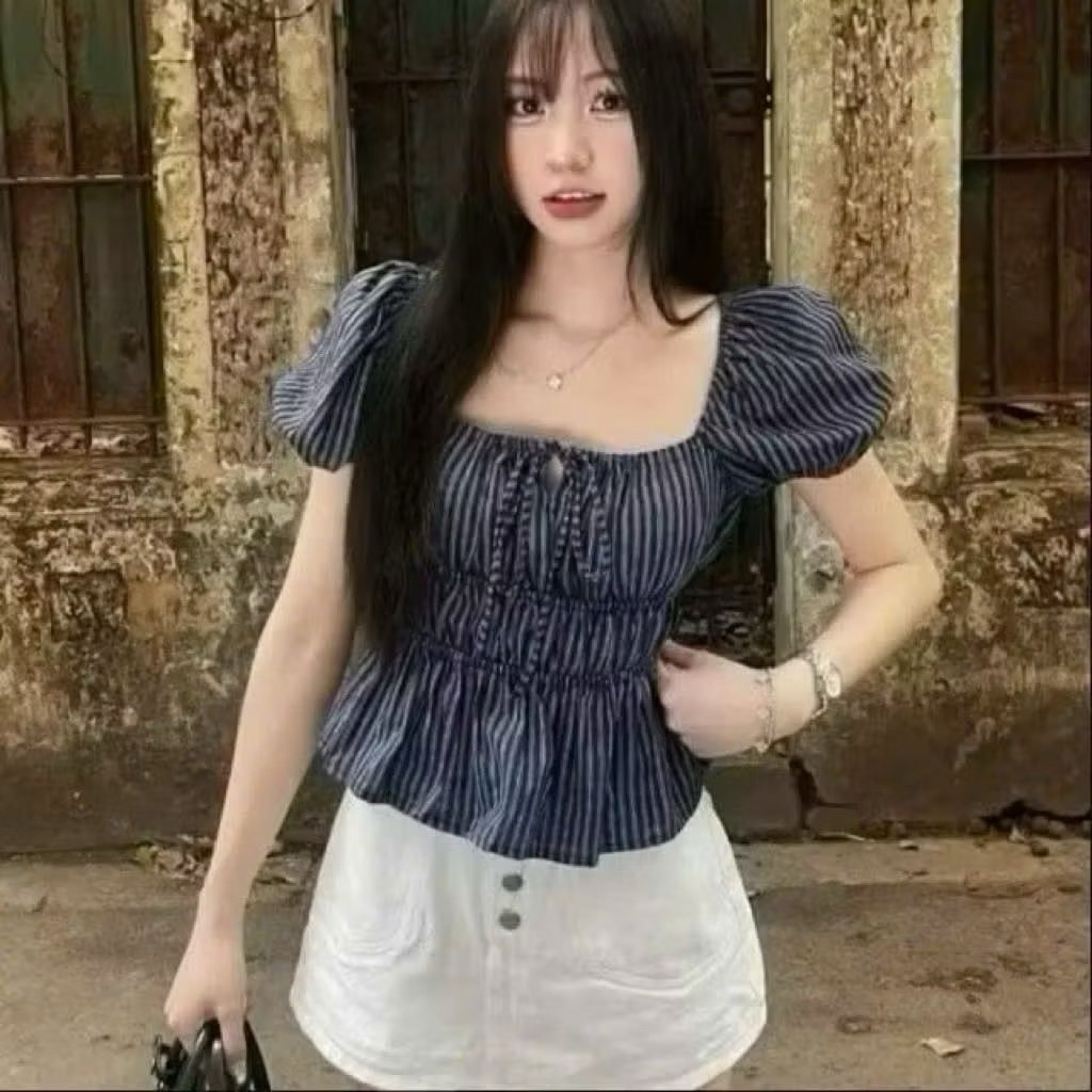 เสื้อเชิ้ต BABYDOLL คอเหลี่ยม ปาดไหล่ แขนพัฟ สวยเลดี้ H4