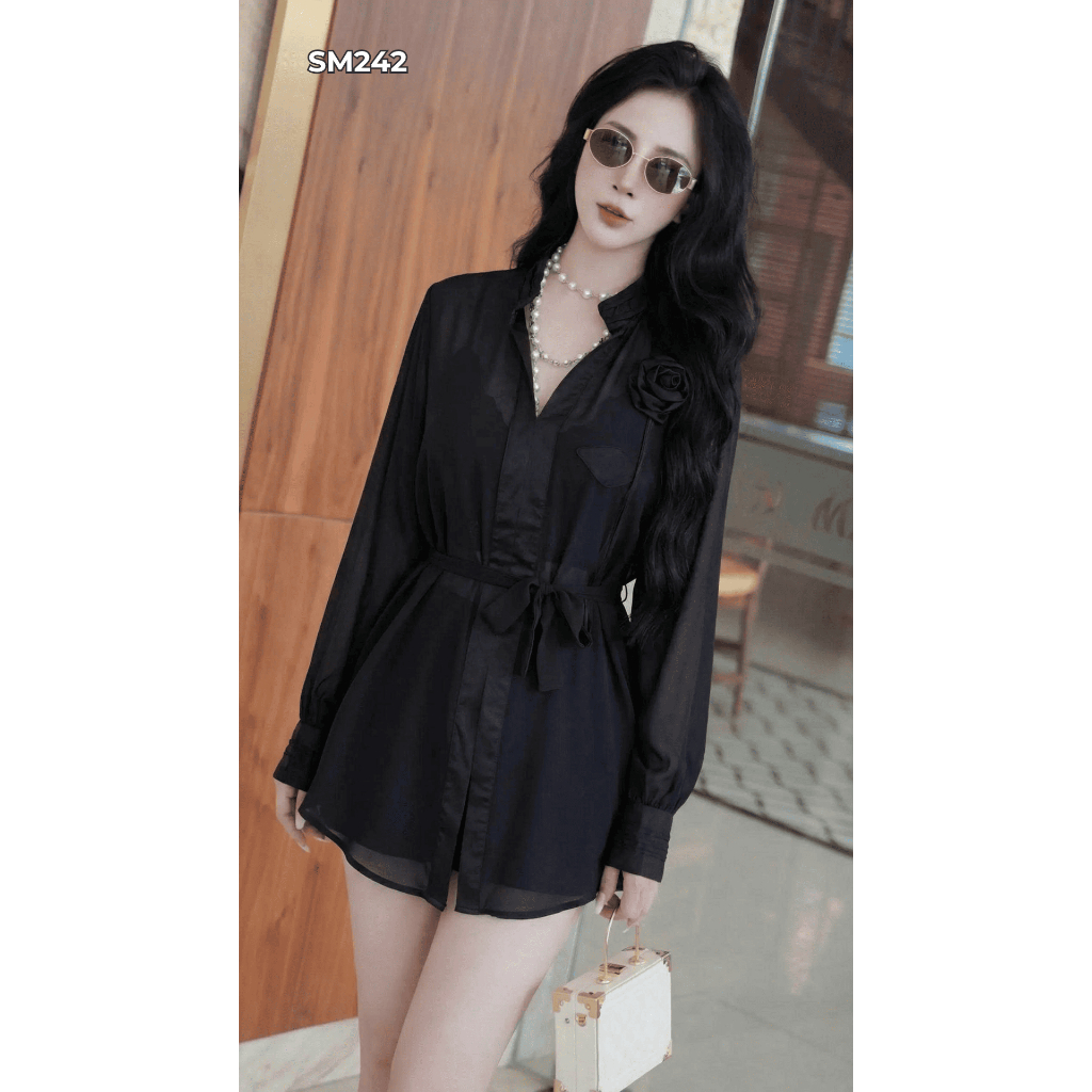 Queen Shop SM242 เสื้อไหมลายดอกไม้ (ผูกโบว์)