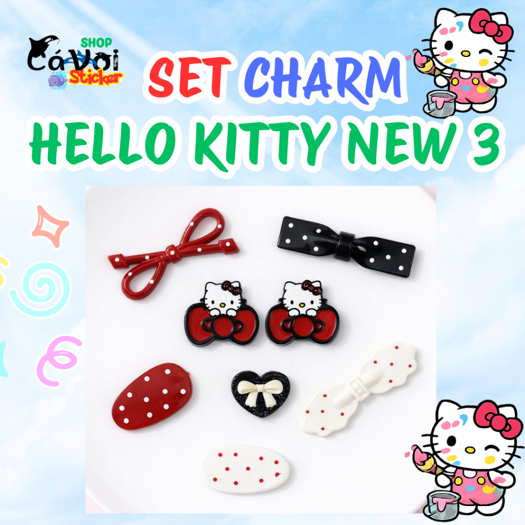 Hello Kitty Charm ชุด Red Bow Polka Dot น่ารักสไตล์วินเทจสีดําและสีขาวน่ารัก Croc รองเท้าแตะตกแต่งอุ