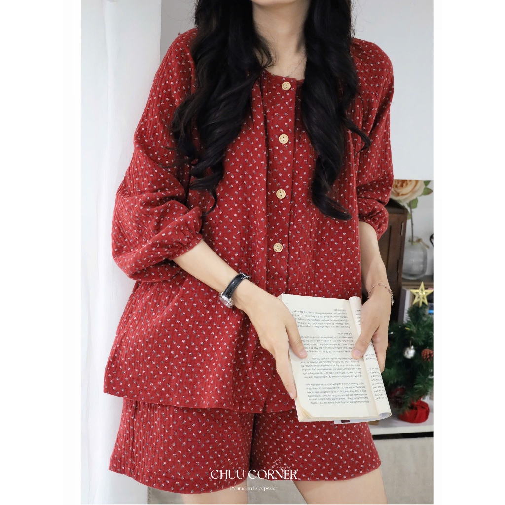 CO0340 Fluffy - ชุดนอนสตรี / ชุดนอน Muslin แขนสั้นและหลวม