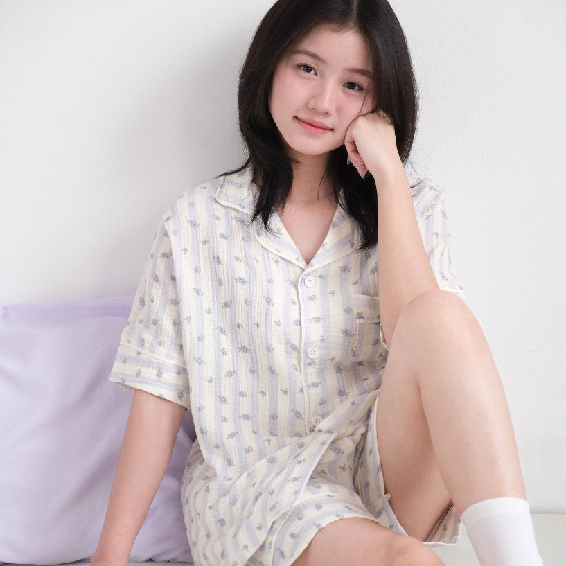ชุดนอนแขนสั้นและแขนยาว - Cool Muslin Home Wear - STRIPE FLORA MUSLIN PYJAMA - JOAN.STUDIO