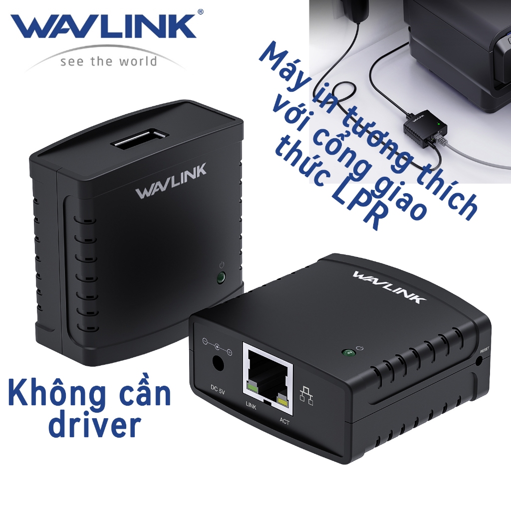 Wavlink USB Network Printer Server, Share Print ผ่าน LAN, LPR, 10/100Mbps, Win/Mac, ไม่ต้องไดร์เวอร์