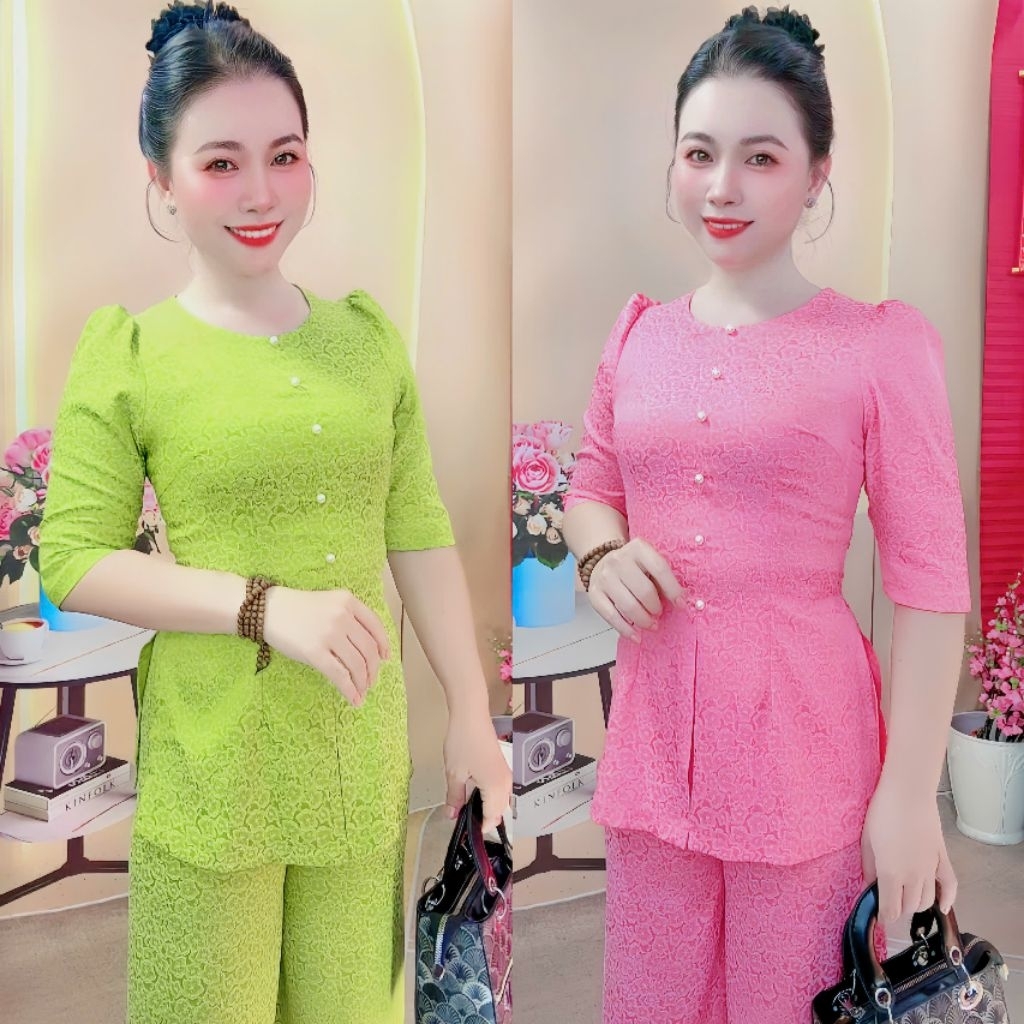 Ba Ba Silk Brocade Set 2 Leather High Quality Design Soft and Cool Hoang Mai Brocade with Sharp Patt