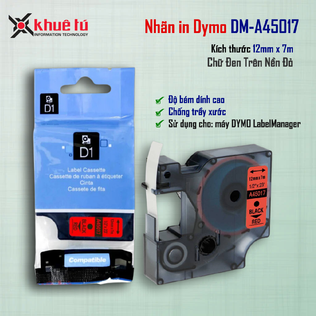 ป้าย D1 DM-A45017 - 12 มม.I ตัวอักษรสีดําพื้นหลังสีแดง I SD สําหรับ Dymo 160/210D/280/360D/420P/500T