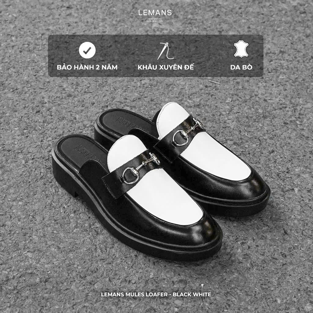 LEMANS Mens Mules Loafer Cowhide Shoes - สีดําสีขาว พื้นยางหอมสูง 4 ซม.