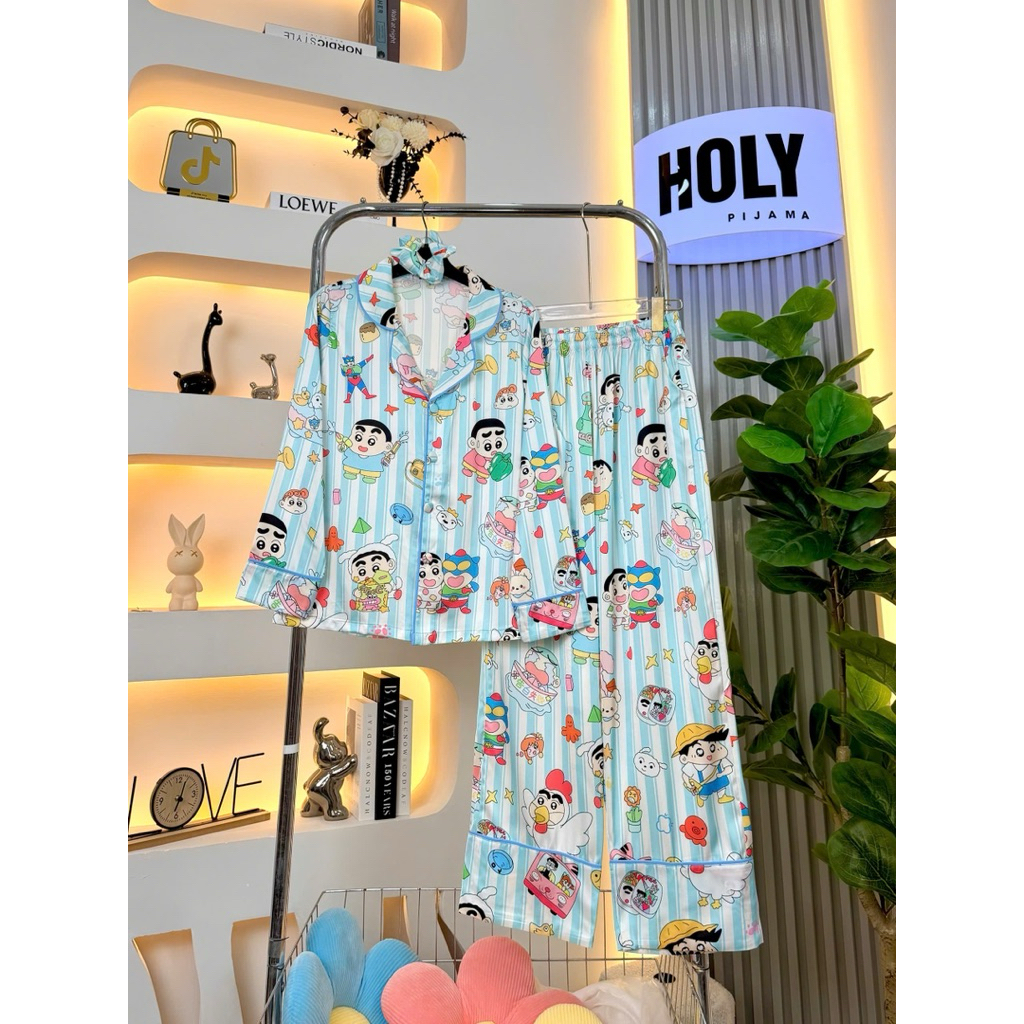 HL86 LONG SLEEVE PIJAMA SET WITH LONG NECK PANTS - ปุ่มสี - ทรงหลวม - พร้อมผ้าผูกผม