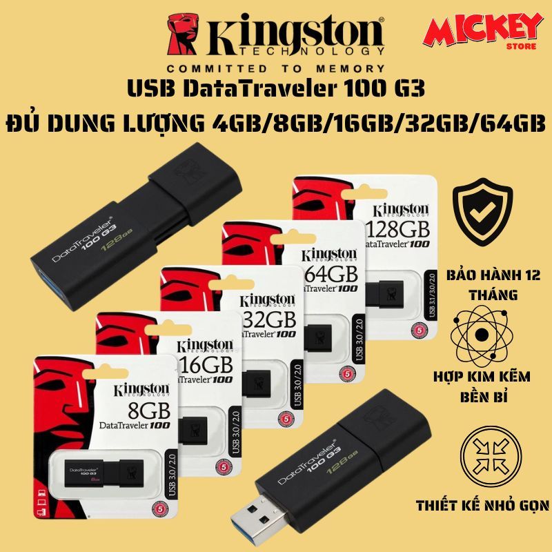 Kingston DataTraveler 100 G3 USB ความจุเต็ม 4GB/8GB/16GB/32GB/64GB - FPT มาตรฐานของแท้