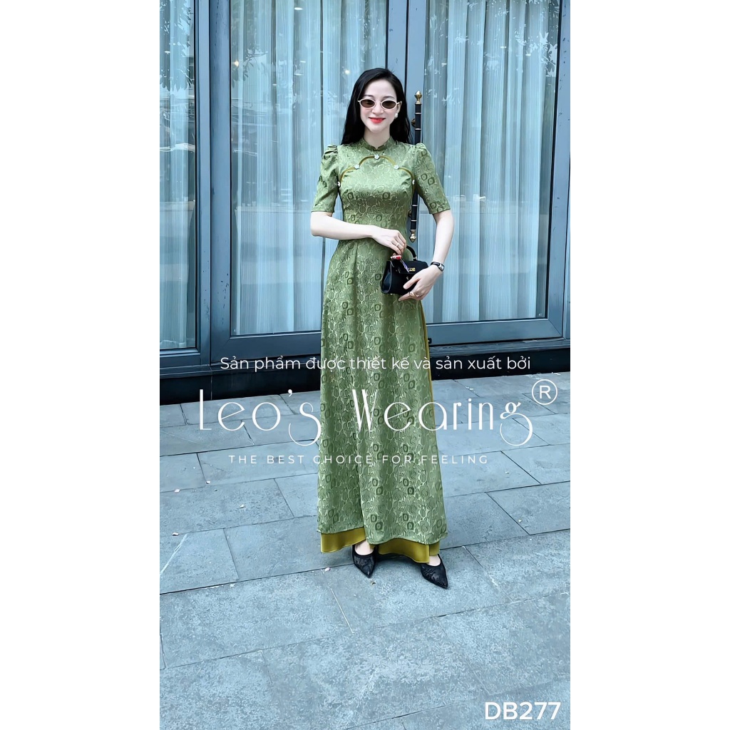 DB277 LEOSWEARING ผ้าไหมผ้าหนัง 2 ผิว ao dai พร้อมปกคอเต่าและกระดุมดอกไม้ แขนสั้น และกางเกงผ้าไหมสีเ