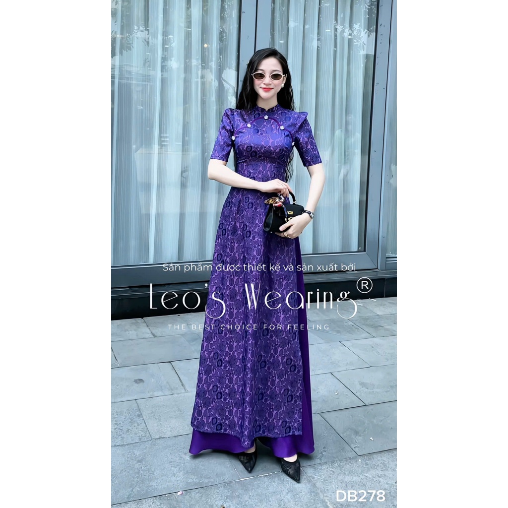 DB278 LEOSWEARING Modern 2-skin nilk ao dai พร้อมปกคอเต่าและกระดุมดอกไม้ แขนสั้น และกางเกงผ้าไหมสีม่
