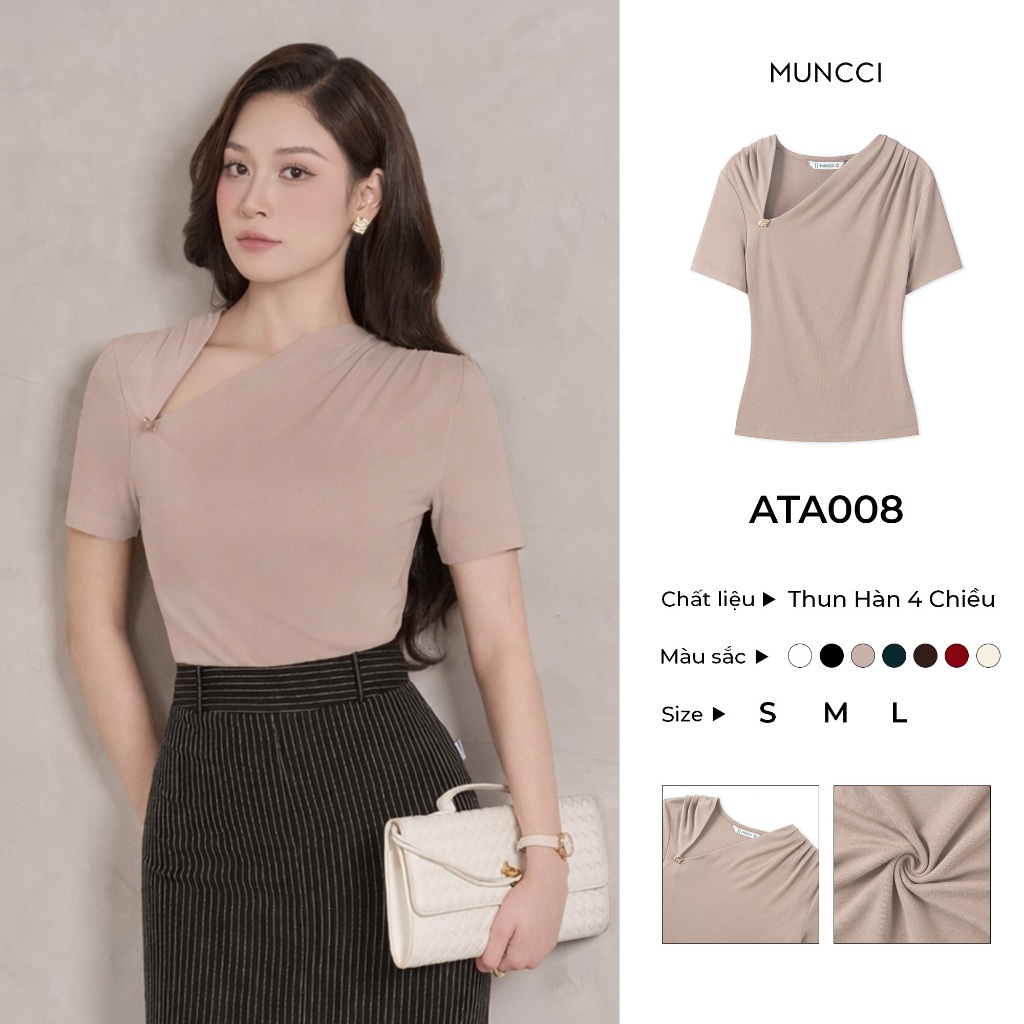 เสื้อยืดคอปกไขว้สําหรับผู้หญิง MUNCCI พร้อมปุ่มสีทองสุดหรู วัสดุยืดหยุ่นเชื่อมยืด 4 ทิศทาง สไตล์สําน