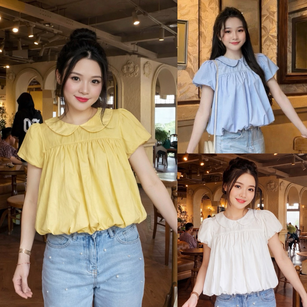 เสื้อเบบี้ดอลล์ผู้หญิงเทรนด์มาแรงแขนพองคอปกบัวทรงสควอชน่ารัก LOVITY BS996