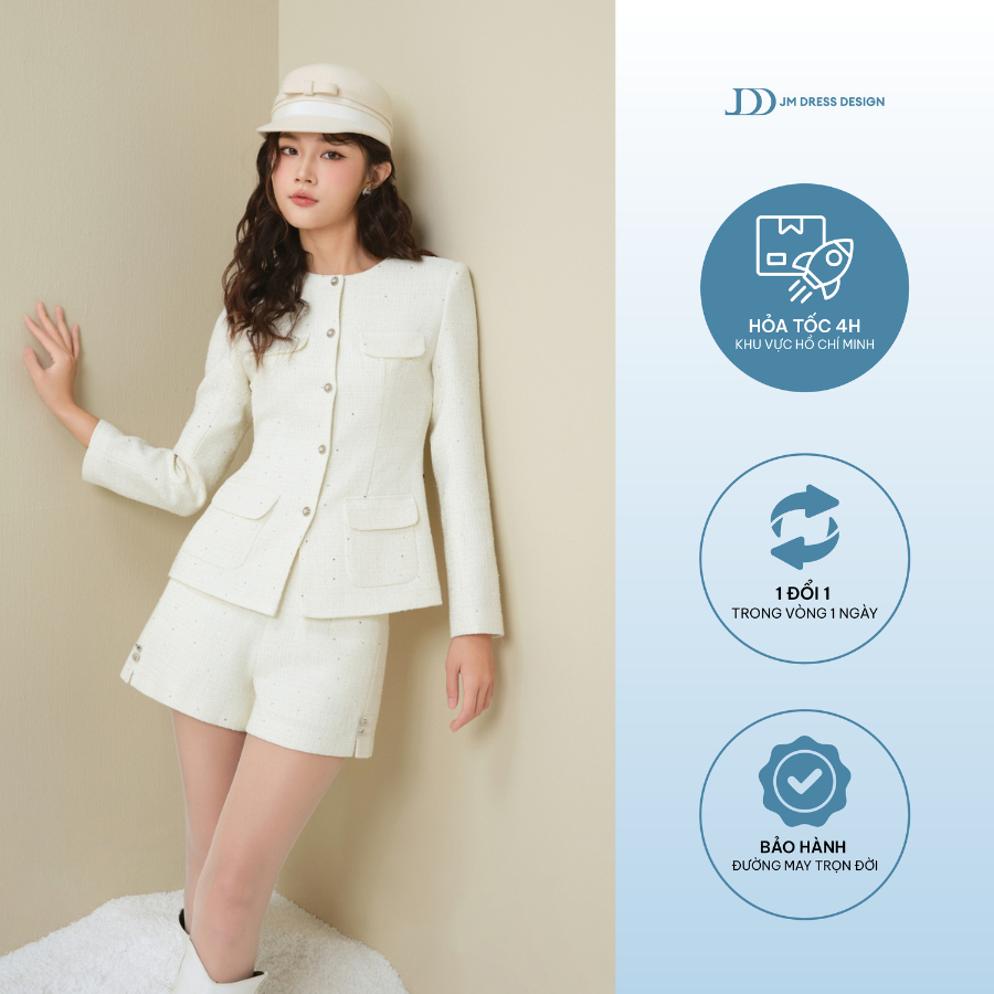 Set เสื้อคอกลม มีกระเป๋าซ่อน 2 ช่อง 5T03.2410TW กางเกงผ้าทวีตสั้นชายผ่า 3S03.2410TW ออกแบบโดย JM Dre