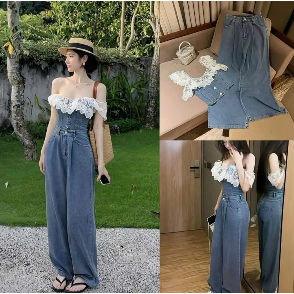 ชุดยีน-ชุดยีนผู้หญิงพร้อมเสื้อปาดไหล่และระบายลูกไม้ปีกนางฟ้าในสไตล์เสื้อครอปพร้อมกางเกงขายาวทรงหลวมใส่ออก