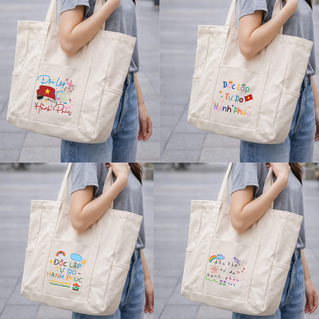 Canvas Tote Bag with Vietnam motifs INDEPENDENT - FREEDOM - HAPPINESS Fashion Print a-tuim1508