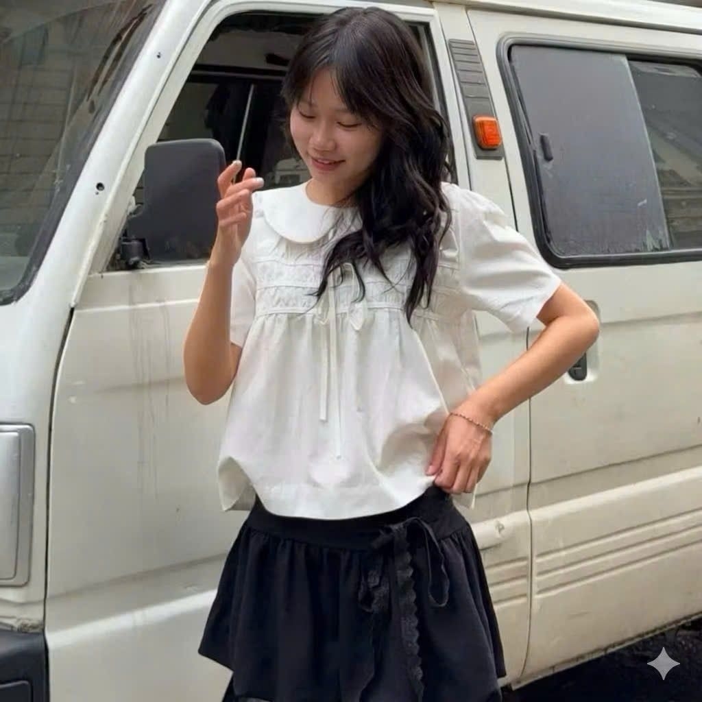 เสื้อคอปกบัวน่ารักหน้าโบว์แฟชั่นสตรีใหม่ LOKAA SM3G
