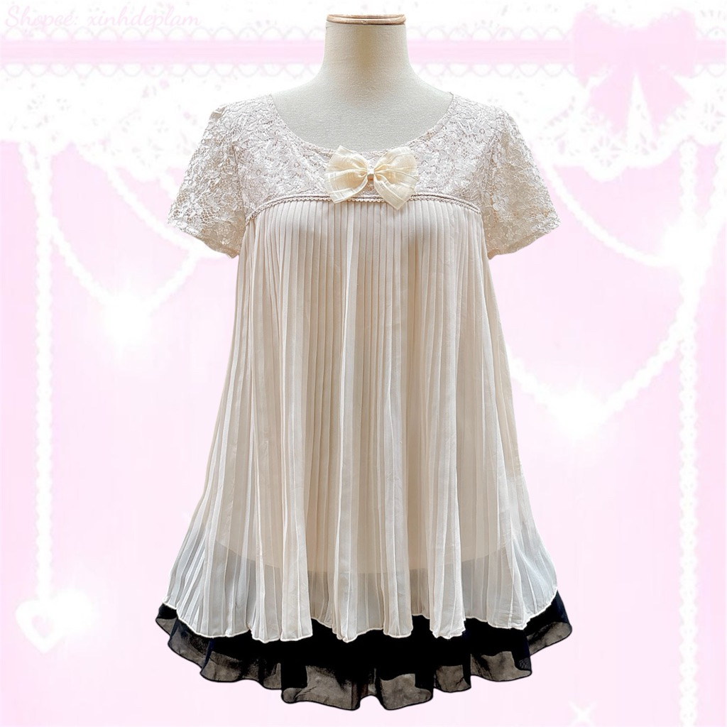 (เดือนมิถุนายน 15) CREAM COQUETTE - coquette, Lolita, Dollette, Shoujo top/dress in CREAM โทนสี, ลาย