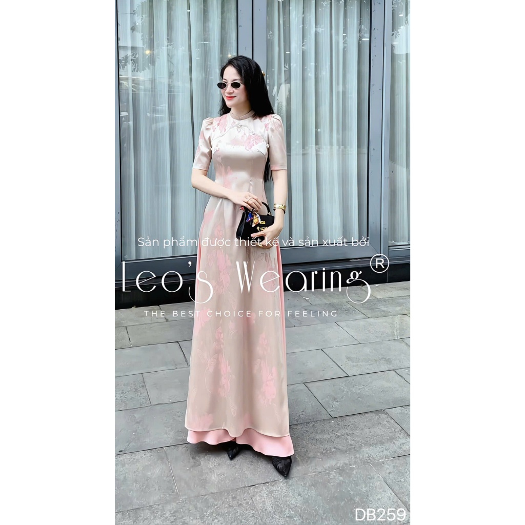 DB259 LEOSWEARING ผ้าไหมผ้าหนัง 2 ผิว ao dai พร้อมปกคอเต่าและกระดุมดอกไม้ แขนสั้น และกางเกงกระโปรงผ้