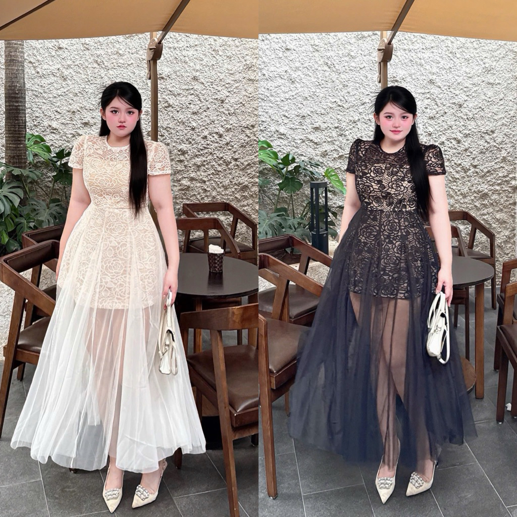 เดรสลูกไม้กุหลาบแขนหอยและคอกลม 55-90kg ML XL XXL QUNH NHU BIGSIZE