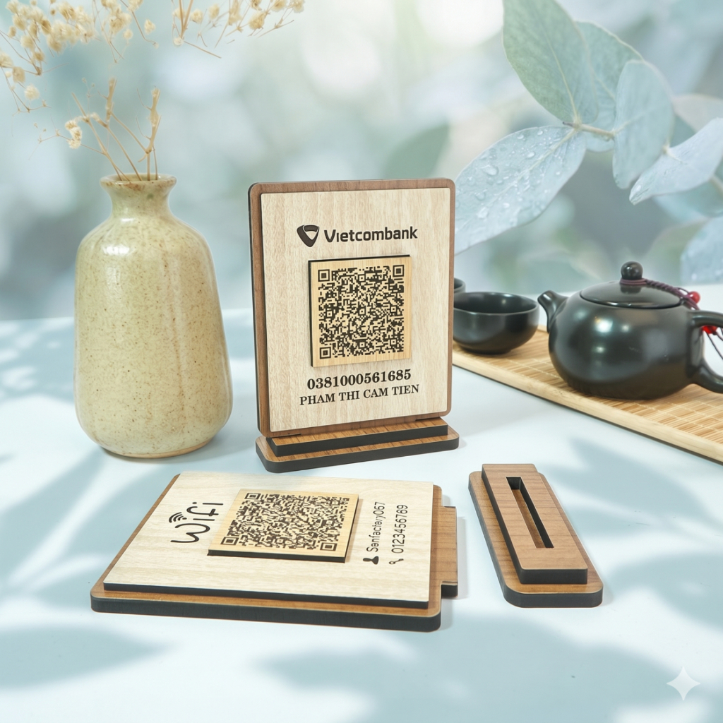 ไม้กระดานสลักด้วย QR Code สําหรับการชําระเงิน การเชื่อมต่อ QR wifi ฐานโต๊ะทําเป็น