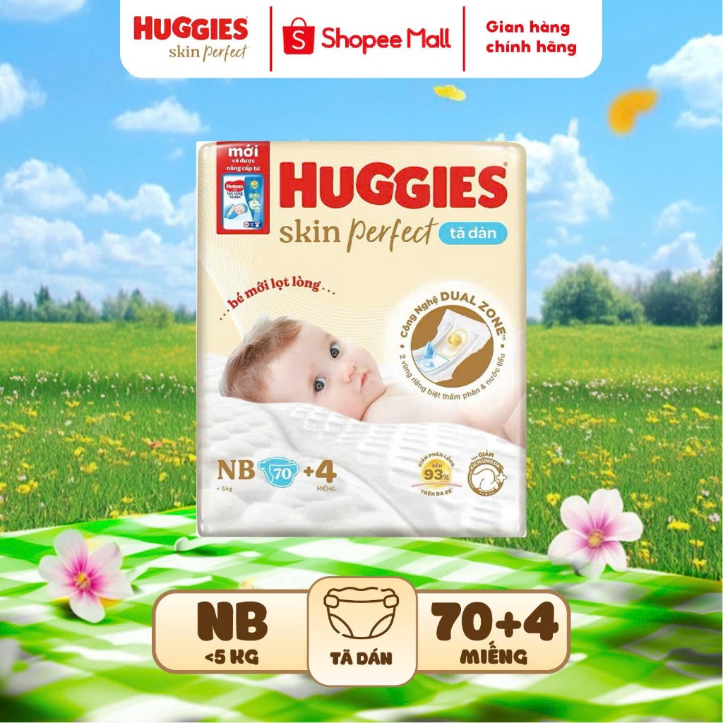 COMBO of 3 Huggies Skin Perfect NB70+4 ผ้าอ้อมนุ่มสําหรับทารกแรกเกิดที่มีสองพื้นที่ดูดซับแยกต่างหากเ