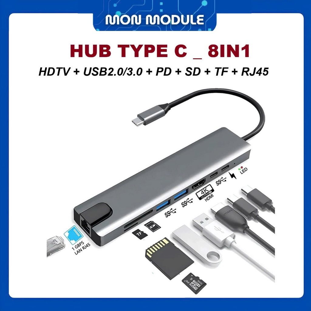 [ฮับ Type C][8in1][5in1] ฮับ USB C 8-in-1, 5 in 1, พอร์ตแปลงเป็น HDMI, Type C, USB, PD หรือ RJ45
