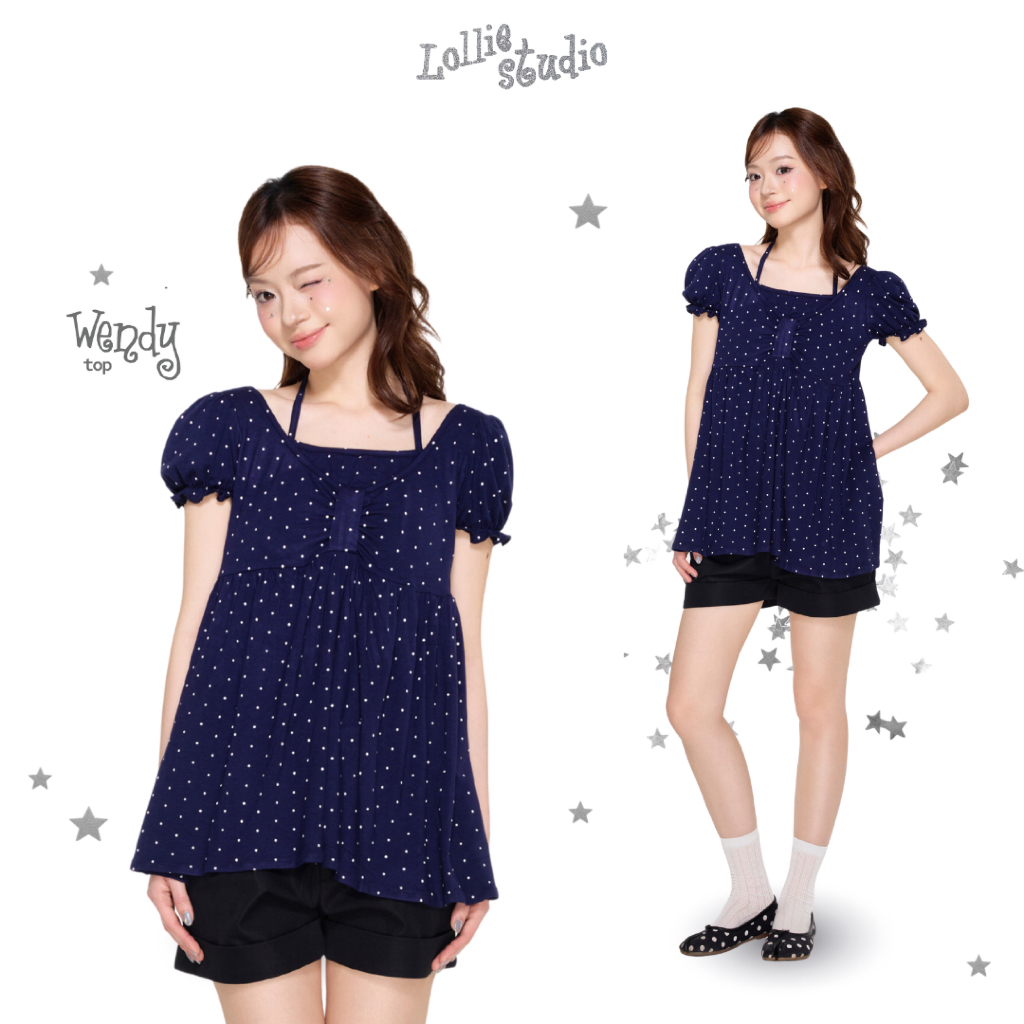 LOLLIE STUDIO - เสื้อยืดลายจุดคอปกโบว์ babydoll Wendy Top TKA498
