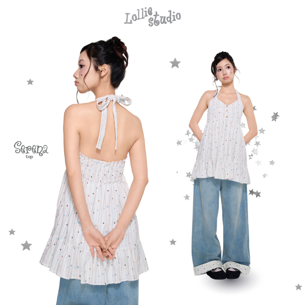 LOLLIE STUDIO - เสื้อสายเดี่ยวลายดาว ผูกโบว์ คอปกกระดุม อกรูปหัวใจ เอวยางยืด Serena Top TKA488