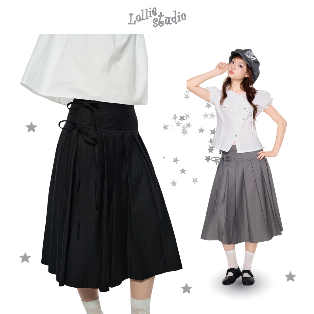 LOLLIE STUDIO - กระโปรงมิดิจับจีบมีโบว์เอวนูน YUNA SKIRT TKC66