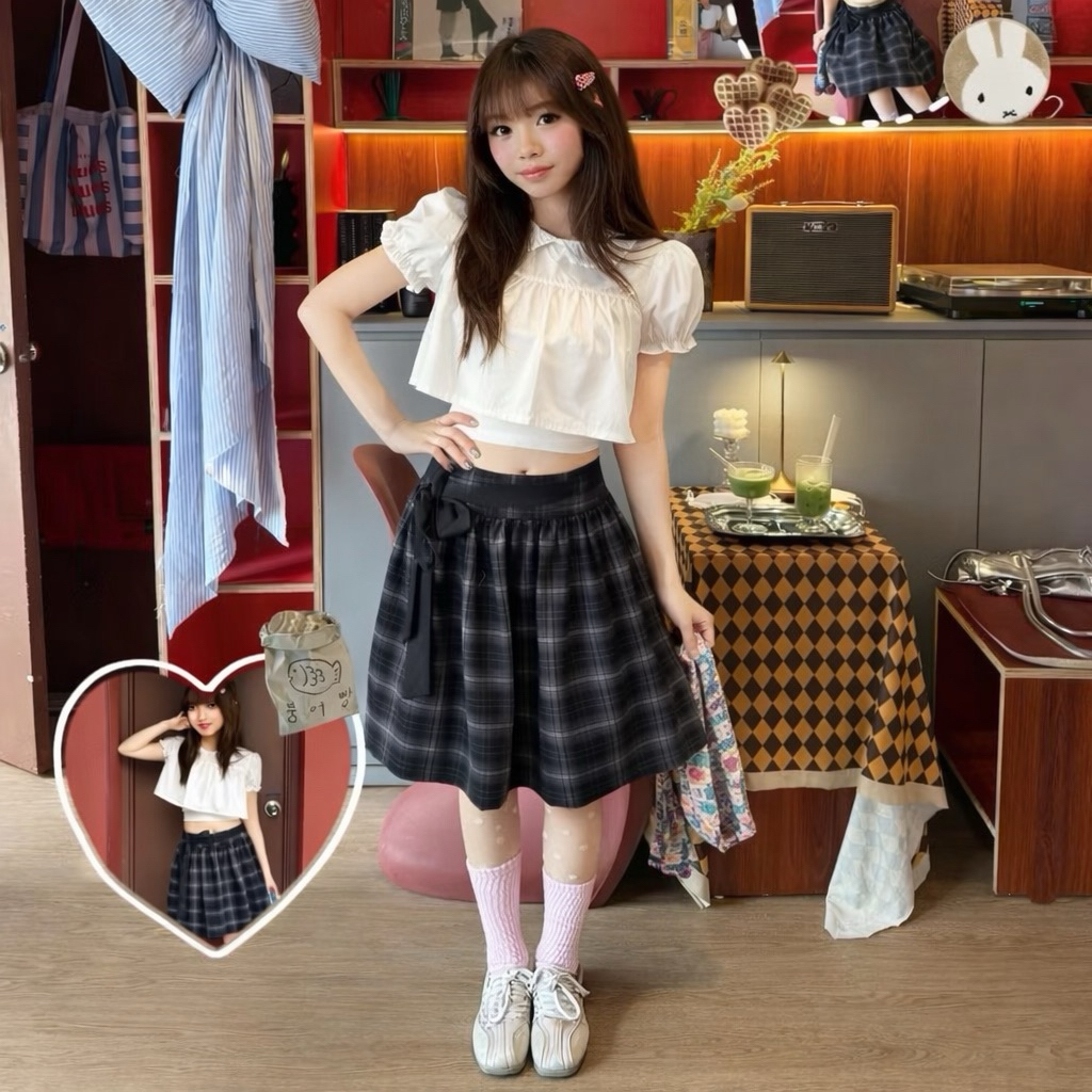 เสื้อครอปคอปกบัวผู้หญิงน่ารักมาก แขนพอง และเสื้อสายเดี่ยวพื้นฐาน LOVITY CRB33