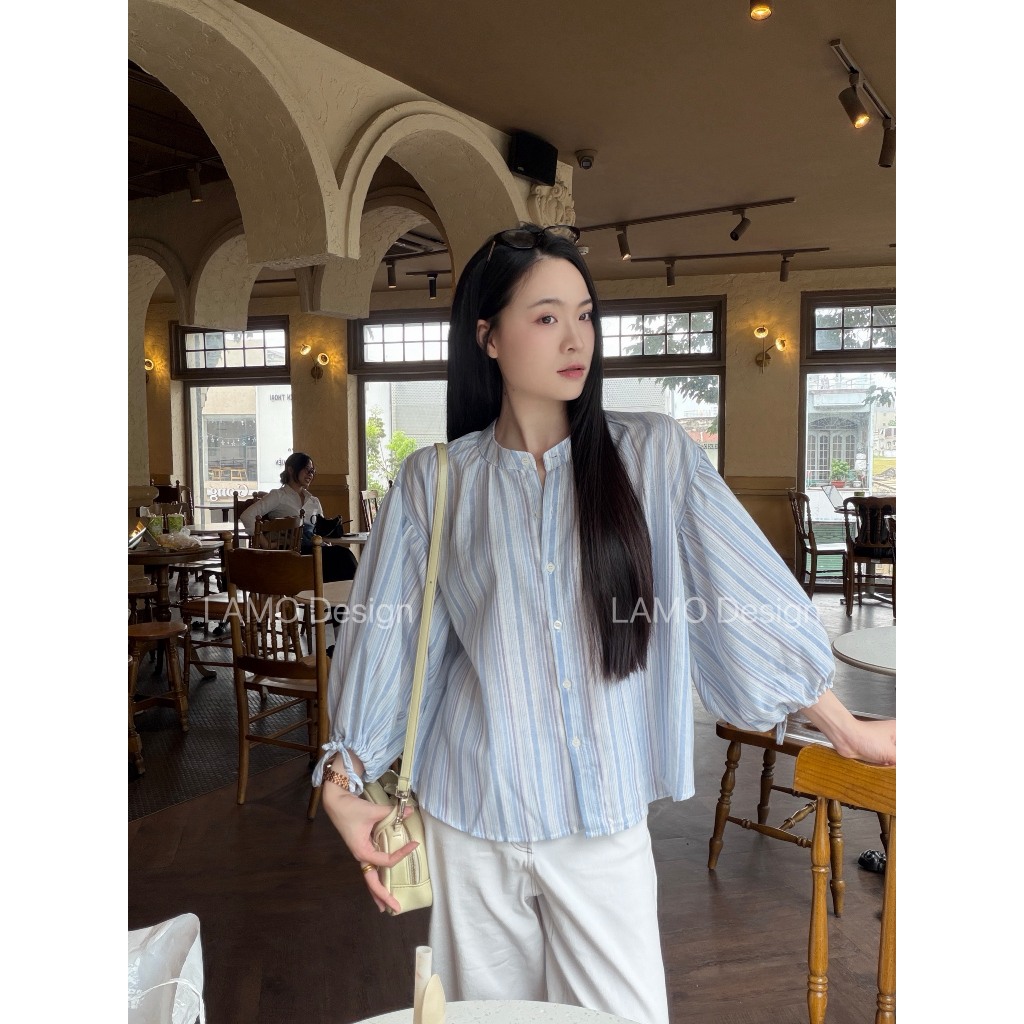 .LAMO เสื้อเชิ้ตทรงหลวมอ่อนเยาว์ในผ้าลินินดิบแขนพองมีเชือกผูก - B1556