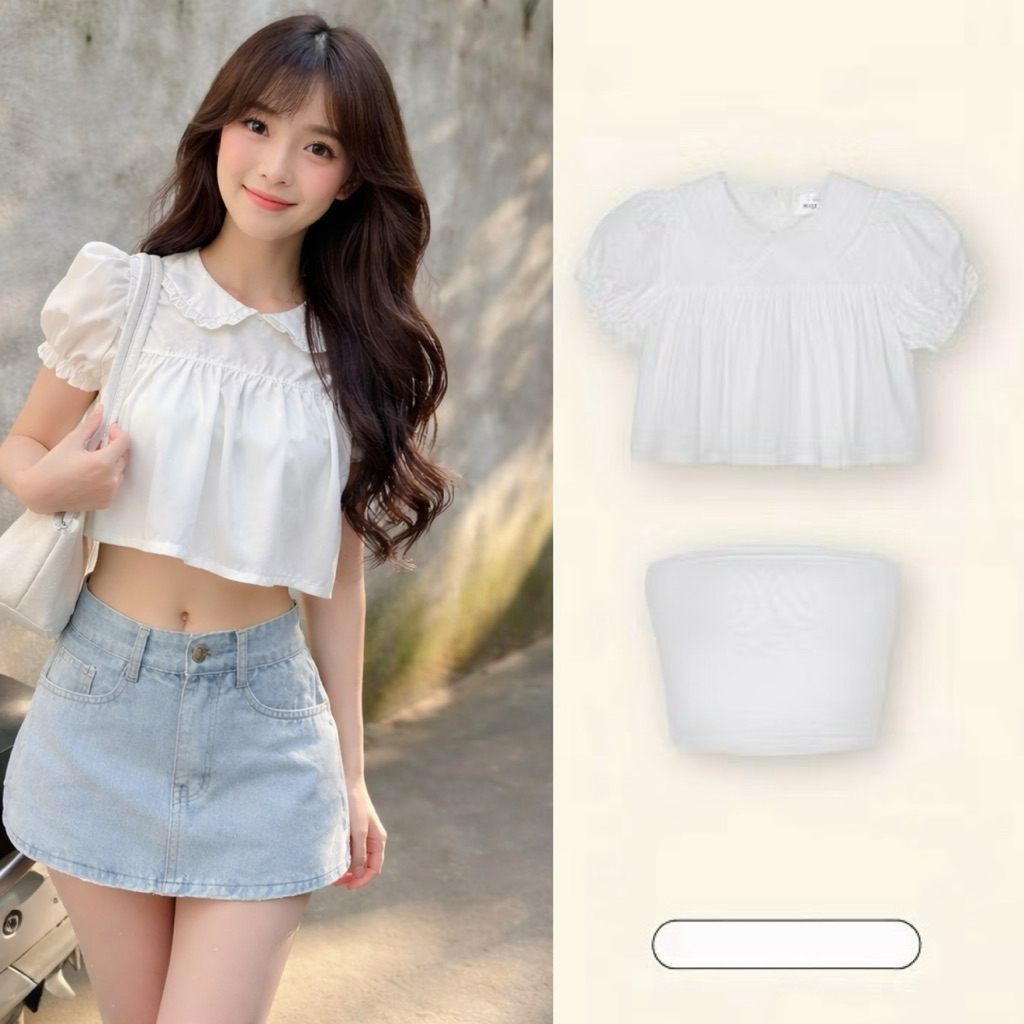 เสื้อครอปทรงสวยสุดๆ เสื้อคอระบายแขนพองมีหลอดด้านบนแบน BYN BYN CRB33