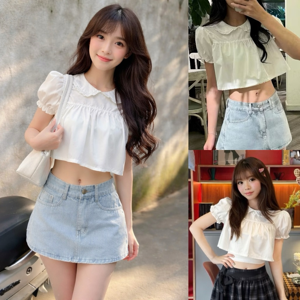 เสื้อครอปคอปกบัวแขนพองมีหลอดด้านบนด้านในสวยปังสุดๆ CRB33