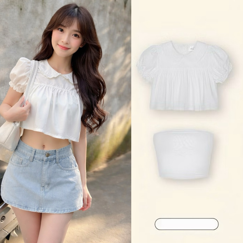 เสื้อครอปคอปกดอกบัวสําหรับผู้หญิงพร้อมเสื้อกล้ามสั้นหน้าร้อนสุดเท่ LOVITY CRB33