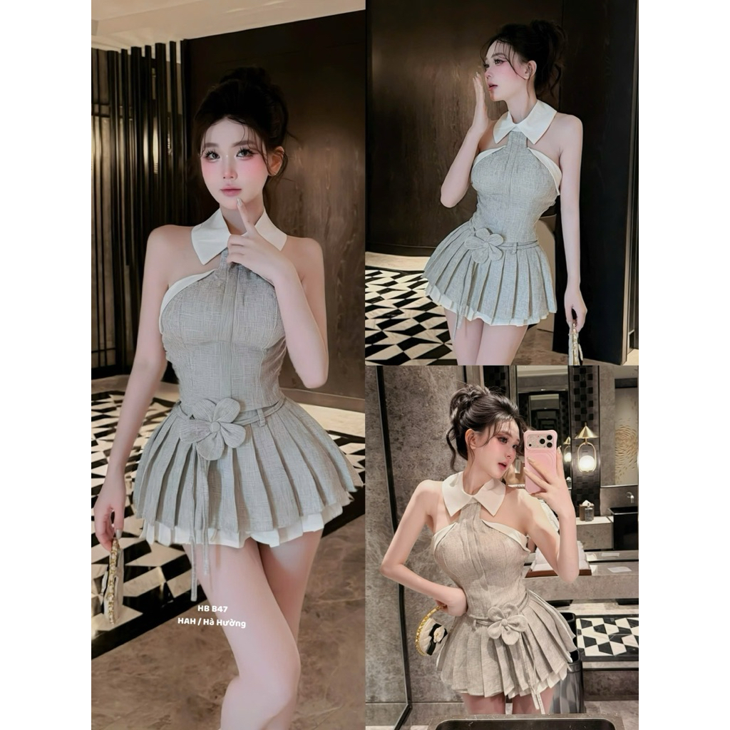 HBB47 เอี๊ยมคอปกเปิดลง ชุดขาจีบสั้นและสายรัดดอกไม้ผู้หญิงอ่อนเยาว์พร้อมกางเกงป้องกัน