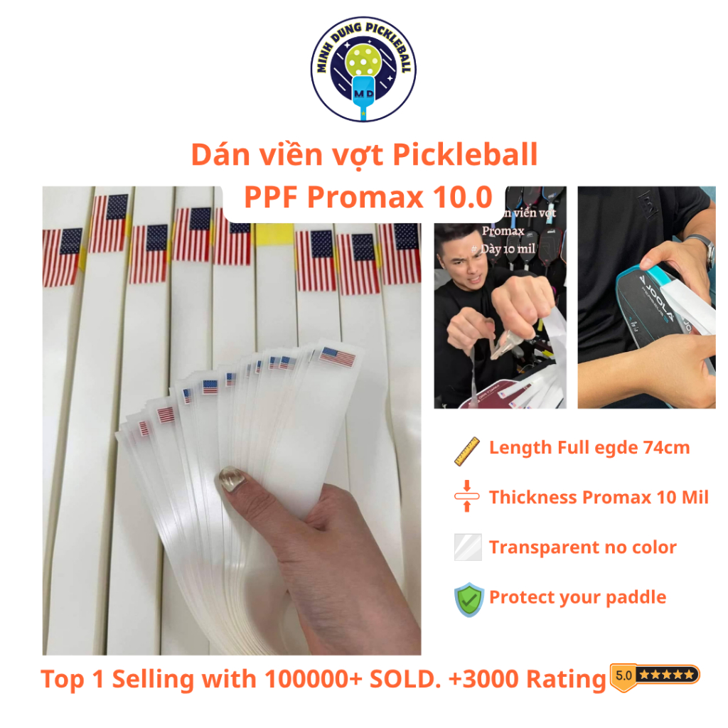 Combo 3/5/10 Pickleball PPF ProMax 10Mil สติกเกอร์ขอบแร็กเก็ต – เต็ม 74 ซม. ธงอเมริกา [ของแท้]