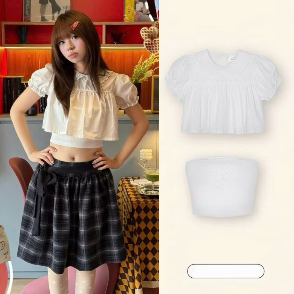 เสื้อเชิ้ตปกบัวผู้หญิงแขนพองและเสื้อกล้าม คอปกระบาย Croptpop LOVITY CRB33