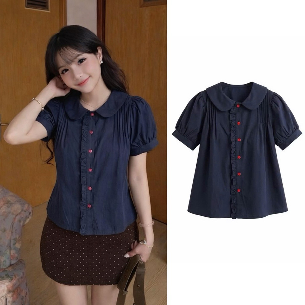 Navi Top เสื้อเชิ้ตเบบี้ดอลล์กระดุมสีแดง เสื้อคอปกจับจีบสวยน่ารัก BYN BYN SBD92