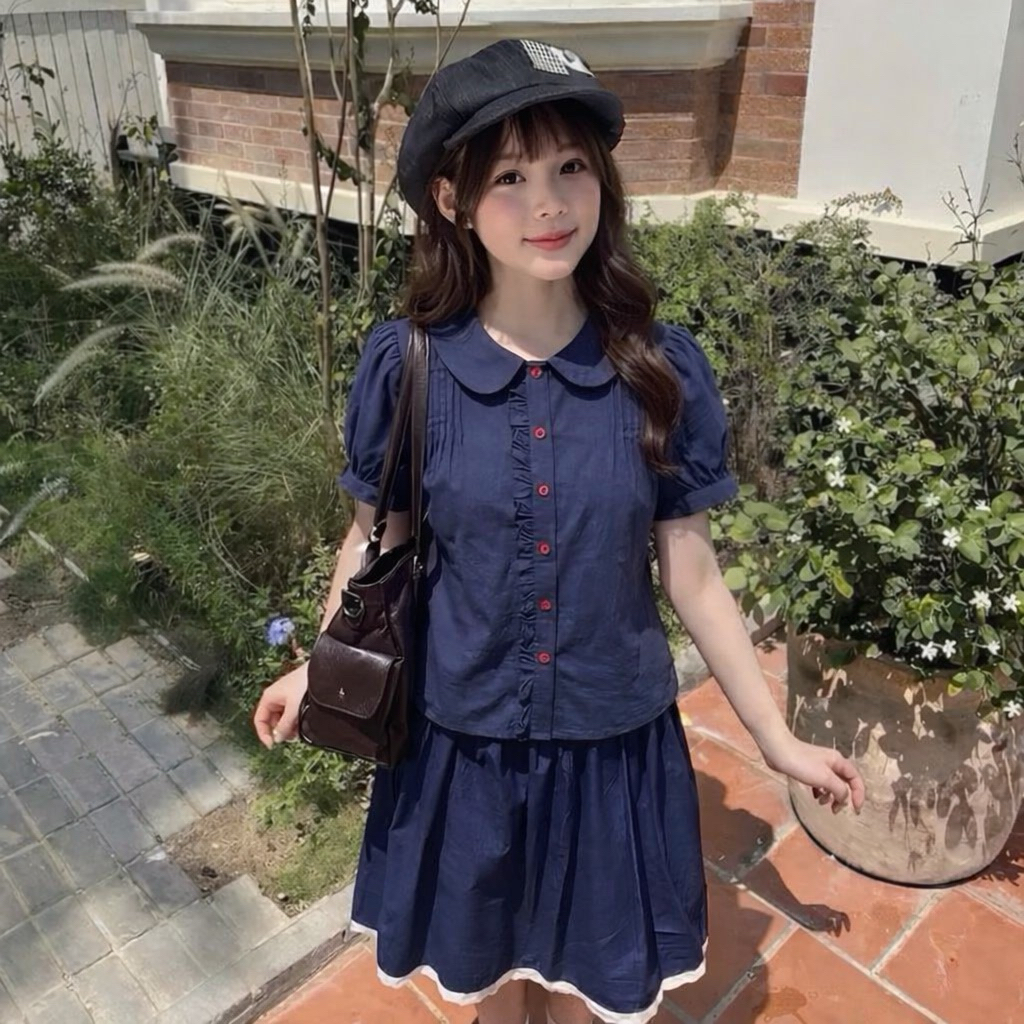 เสื้อเชิ้ต babydoll ผู้หญิงคอปกจับจีบแขนพัฟกระดุมสีแดงน่ารัก LOVITY SBD92