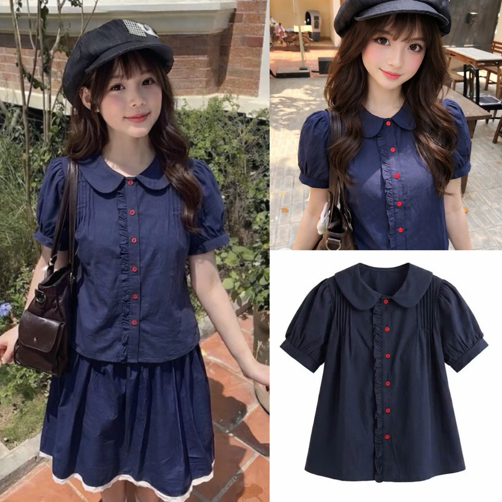 เสื้อคอปกระบาย babydoll สีแดงน่ารัก กระดุมแบน SBD92