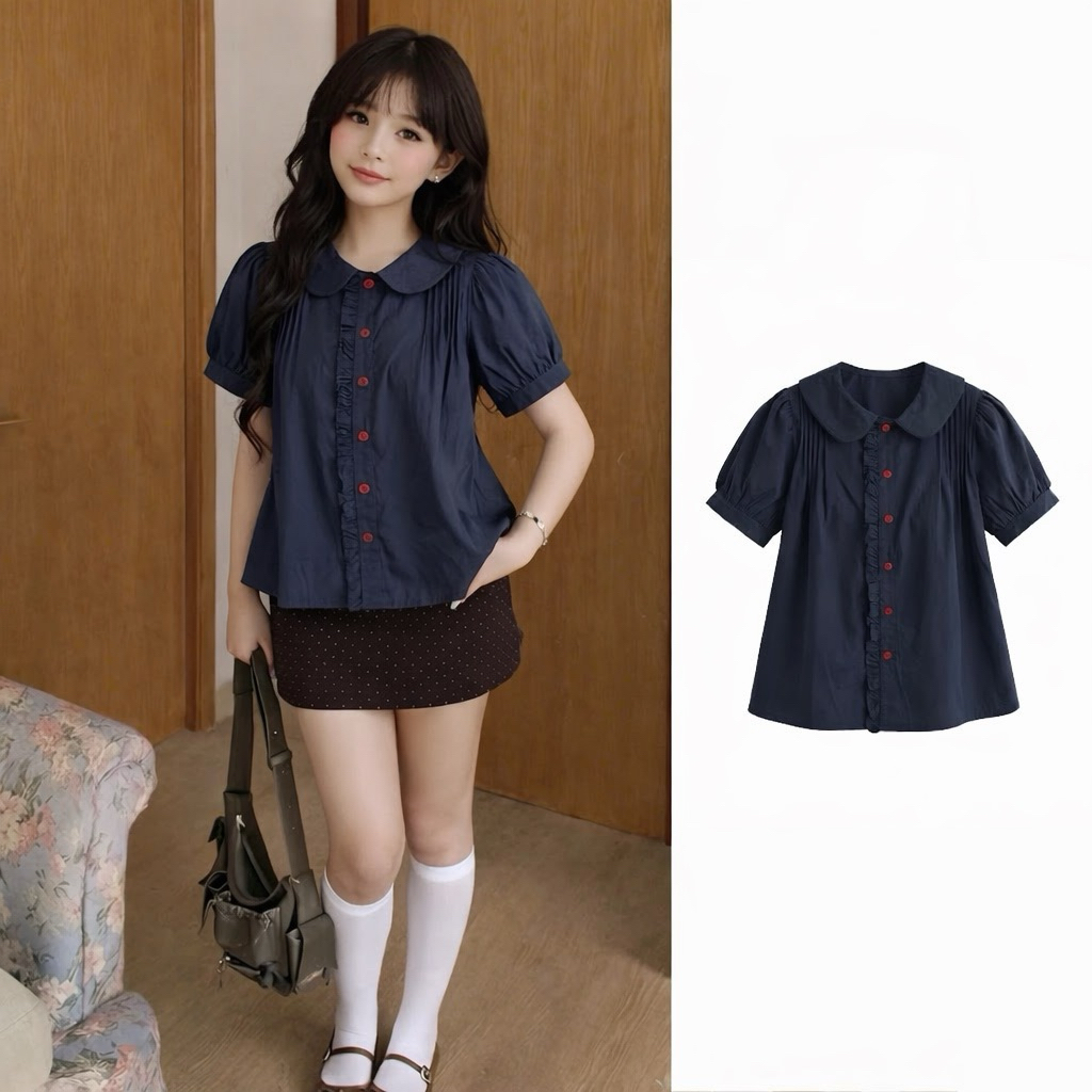 เสื้อ เบบี้ดอลล์ คอปกระบาย เสื้อประจําชาติสีกรม กระดุมแดง มีระบาย LOVITY SBD92