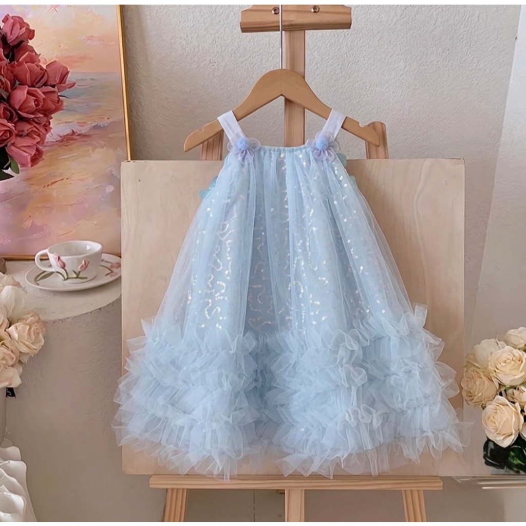 SA MunMun Baby Shop- ชุดเจ้าหญิง Marina 3 ชั้น ผ้าชีฟองพริ้วปักเลื่อม โบว์หลังสวยๆ