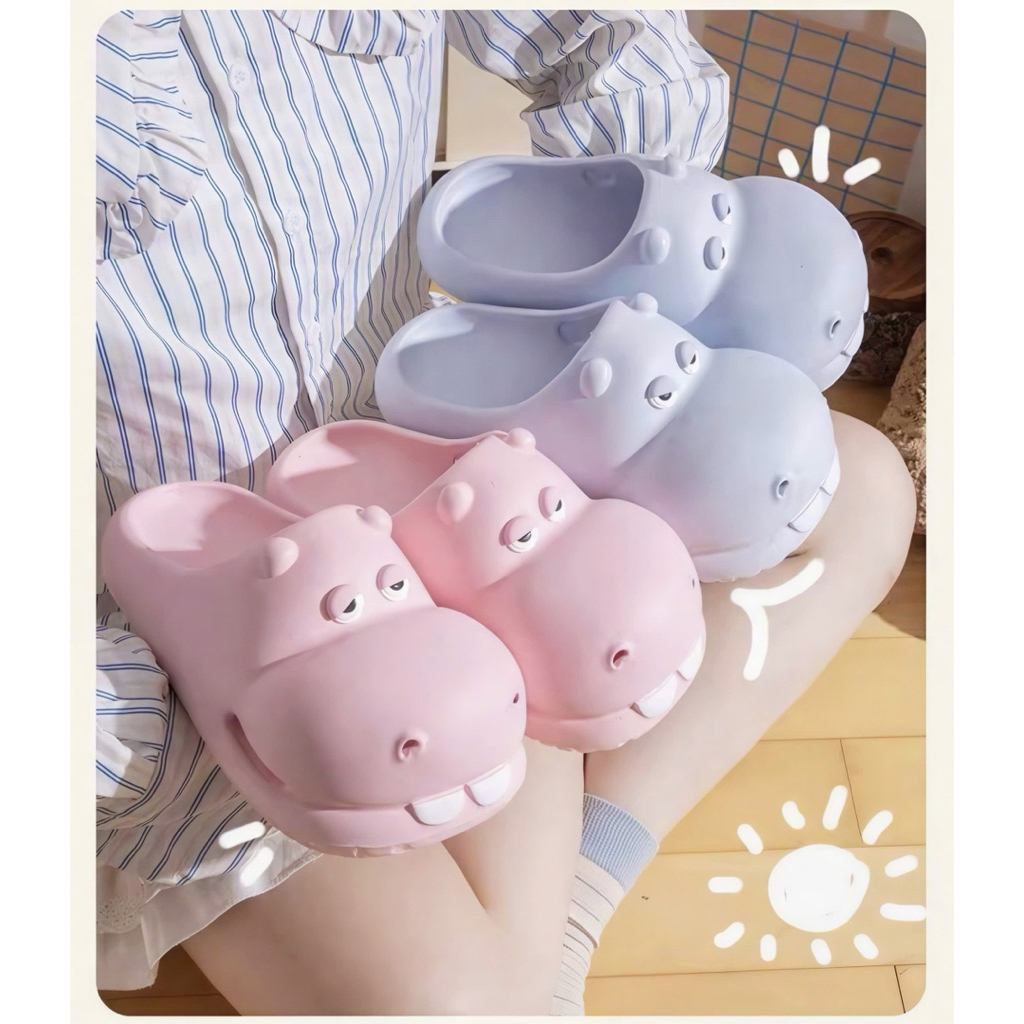 Mi Thuy Store รองเท้าแตะหัวปิดทรงกลมสําหรับบุรุษและสตรีสําหรับไปโรงเรียนและออกไปรูปฮิปโปขึ้นรูปชิ้นเ
