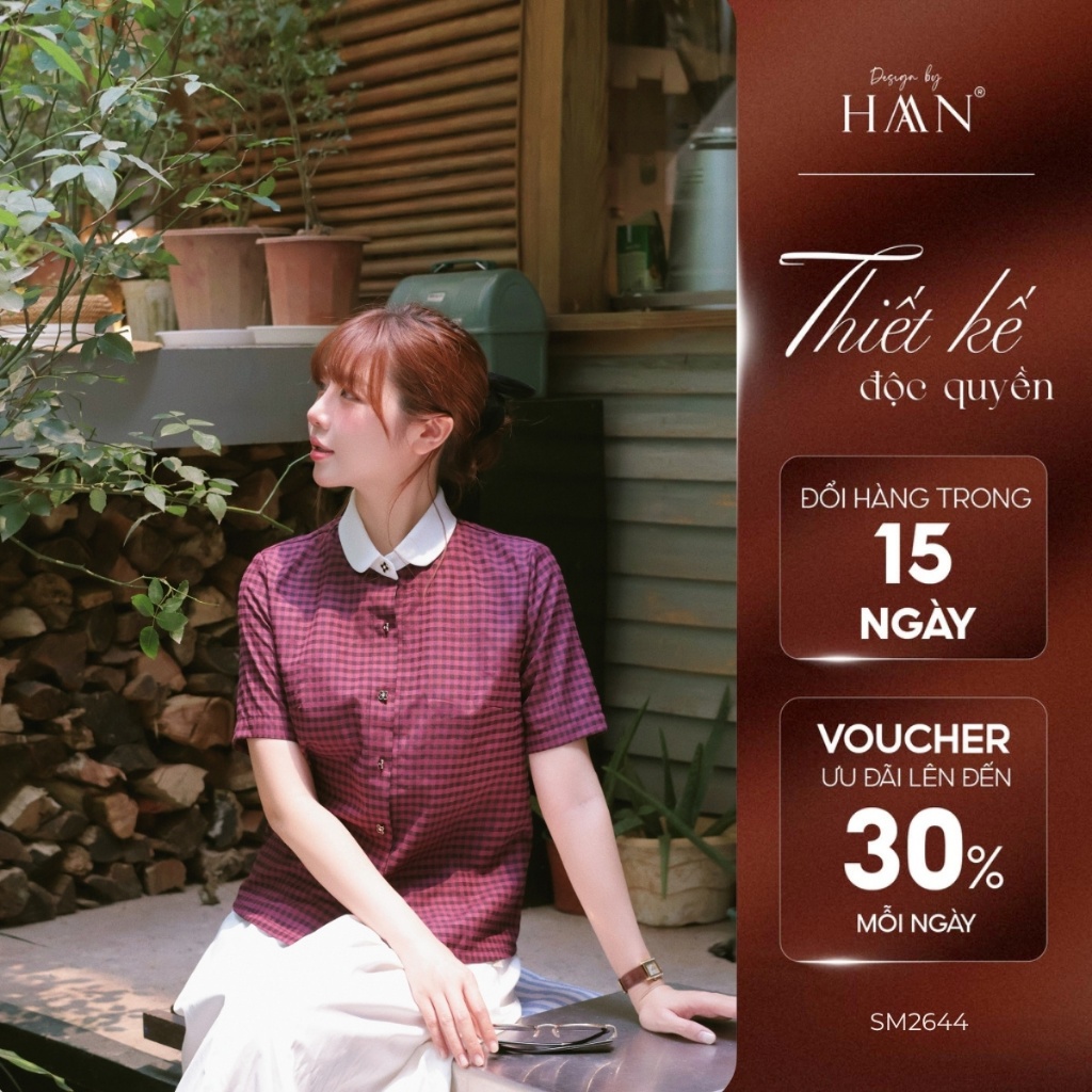 เสื้อเชิ้ตสํานักงานผู้หญิงแขนสั้นลายสก๊อตสีแดงปกขาวผสม - HAAN Design SM2644