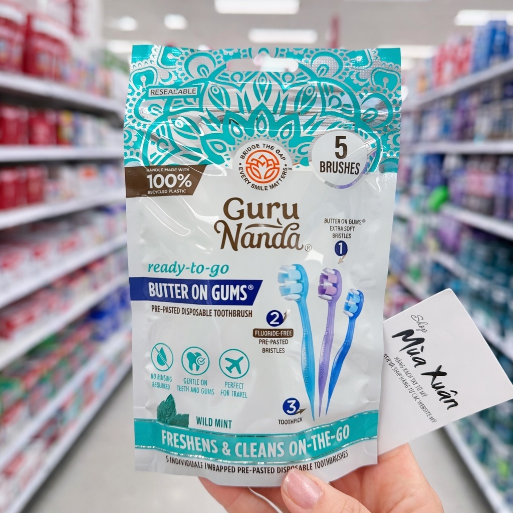 [AMERICAN PRODUCT] Guru Nanda Ready-To-Go Butter On Gums แปรงสีฟันแบบใช้แล้วทิ้งขนาดเล็ก 5 ชิ้น