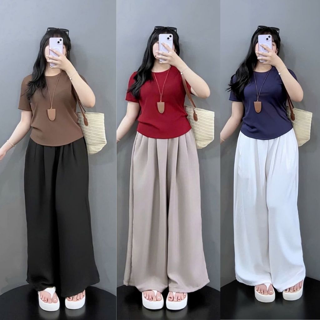 Set เสื้อยืดแขนสั้นยืดผู้หญิงขนาดใหญ่พร้อมกางเกงขากว้างสําหรับเย็นสบายและใส่ง่าย - SET(G244+Q564)