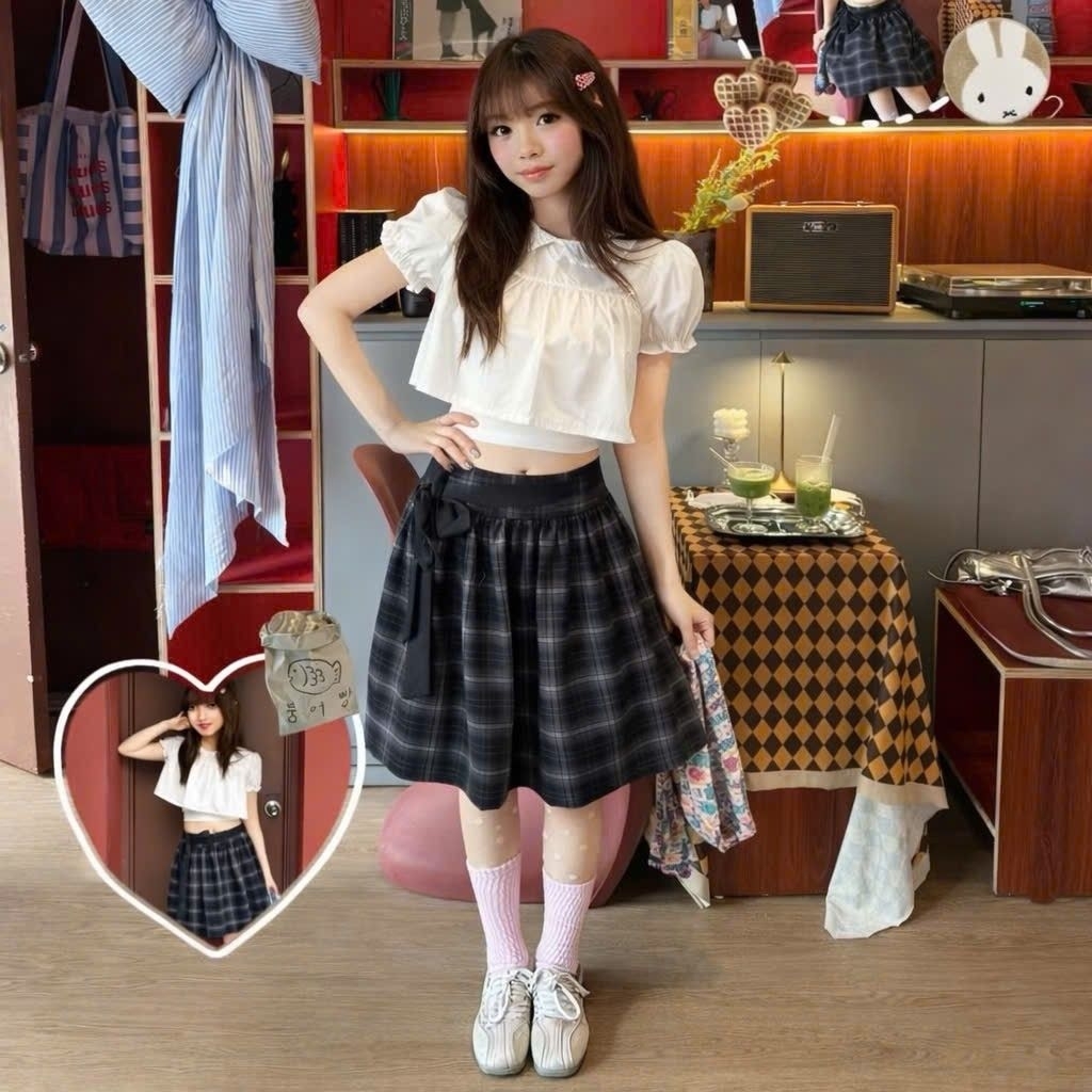 เสื้อครอปคอระบายแขนสั้นอ่อนเยาว์พร้อมเสื้อกล้ามสวยมาก BOONG FASHION CRB33