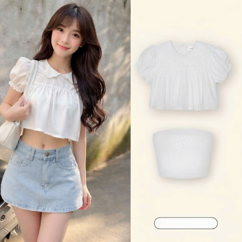 เสื้อครอปผู้หญิง เสื้อคอปกแขนสั้นระบายวัยรุ่นและมีสไตล์แฟชั่นโบฮีเมียน CRB33