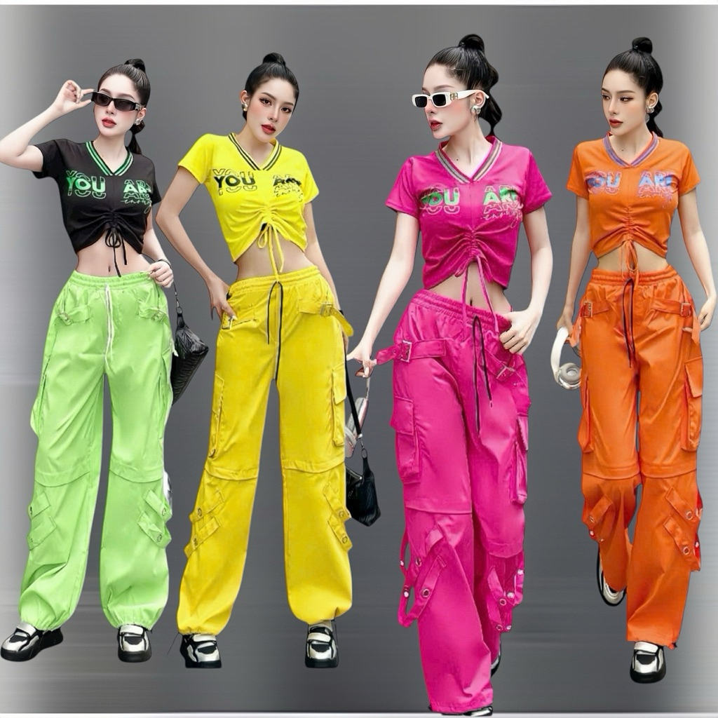เสื้อยืดผู้หญิง+กางเกงสีกากีผู้หญิง (เลื่อน งดงาม) ซุมบา เต้นแช่ แอโรบิค ชุดกลุ่ม หลากสี