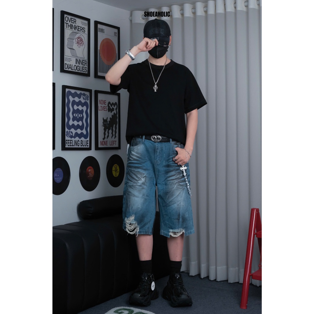 JORTS GREEN Ripped JEANS STREETSTYLE UNISEX WIDE-LET JEANS