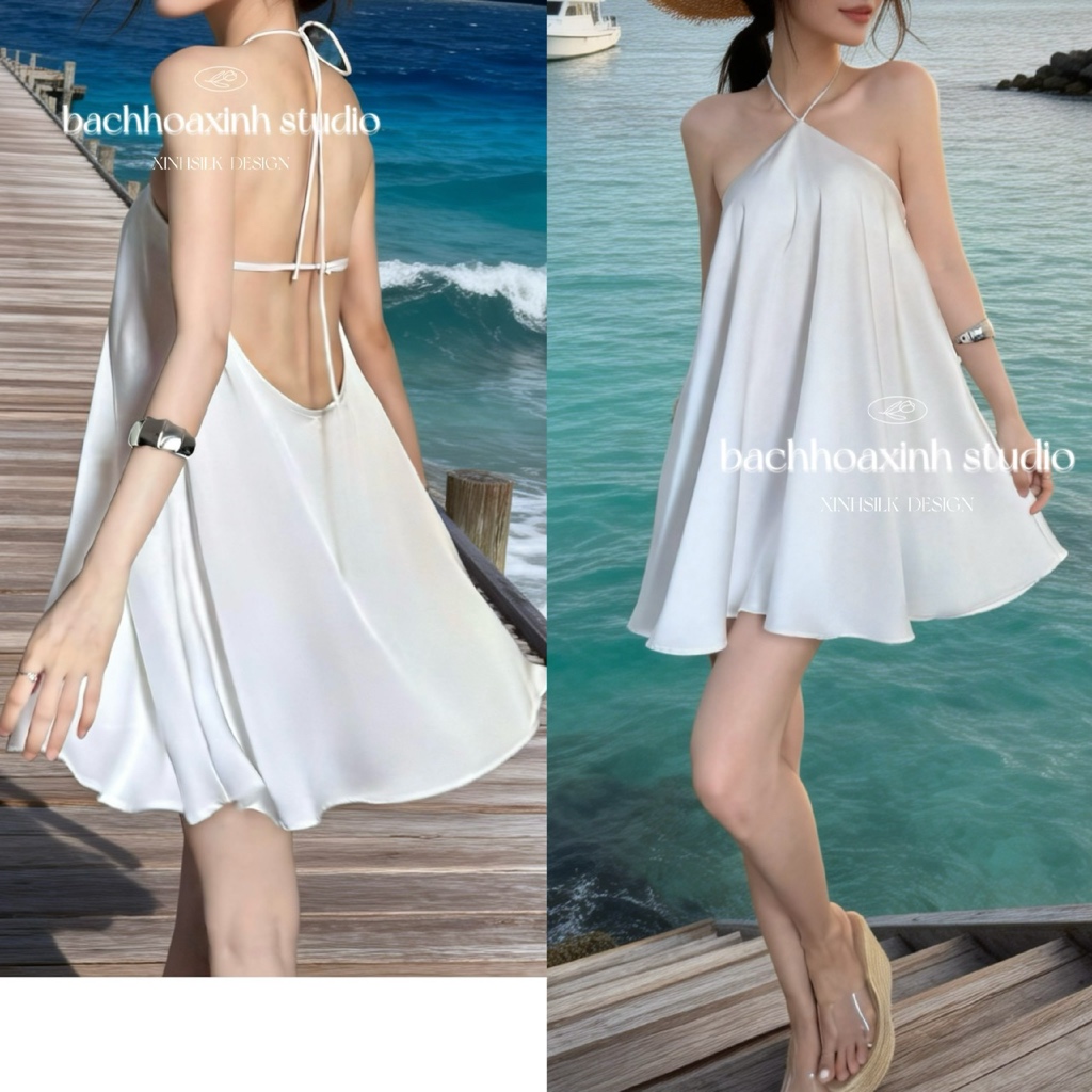 WAVE ชุดเดรสสายเดี่ยวผ้าไหมเปลือยพร้อม A-Line Flare – กระโปรงสั้นนุ่มฟูสําหรับชายหาด | BACHHOAXINH
